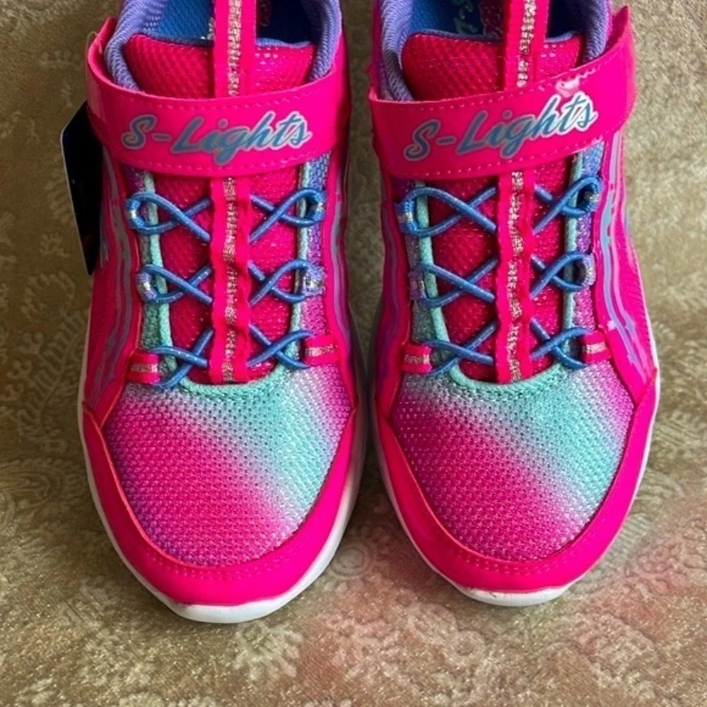 Brand New Skechers S-Lights Powered Girls Slip On Hot Pink Shimmer Sneakers